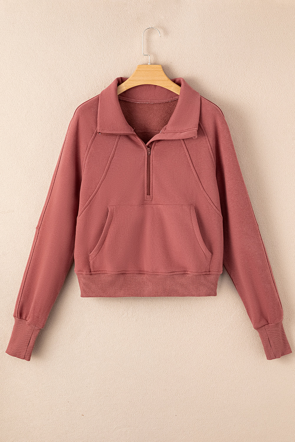 Fleece Lined Zip Up Stand Collar Thumbhole Sleeve Sweatshirt