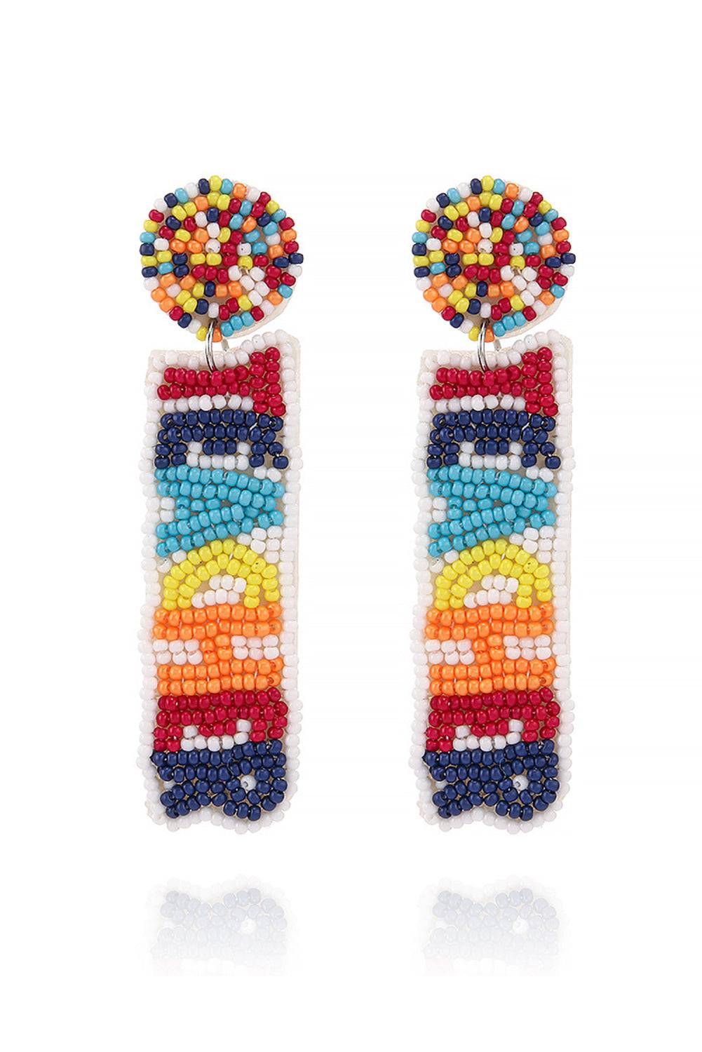 a pair of beaded earrings with colorful beads