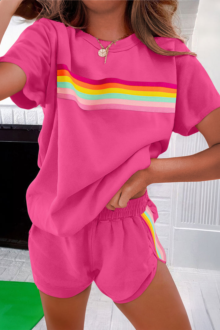 Vibrant Striped Detail Athleisure 2pcs Short Set