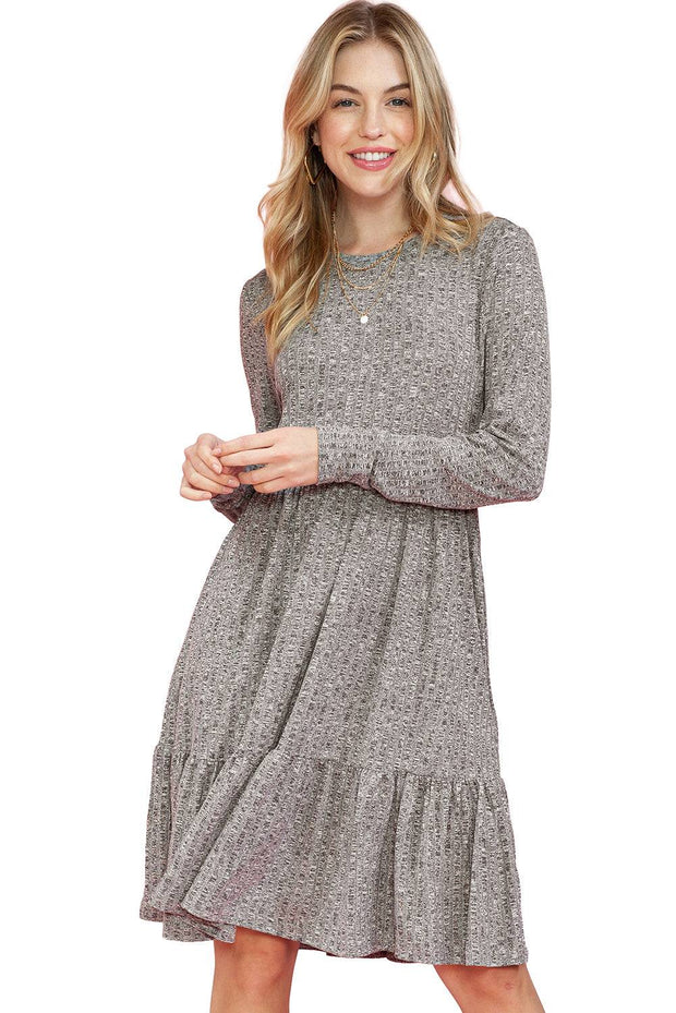 Gray Pocket Ribbed Pleated Ruffle Hem Mini Dress -