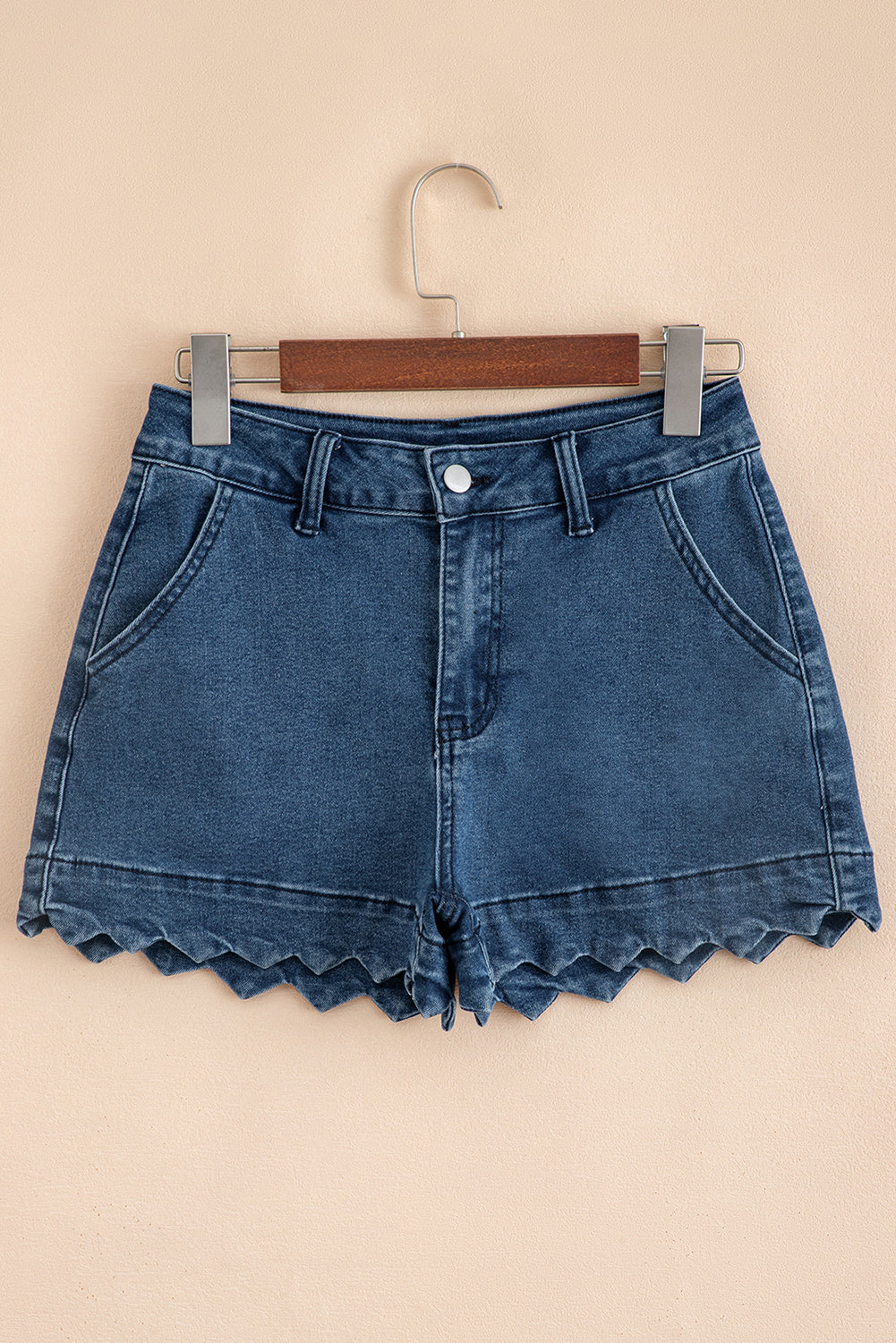 Sail Blue Scalloped Hemline Acid Wash High Waist Denim Shorts