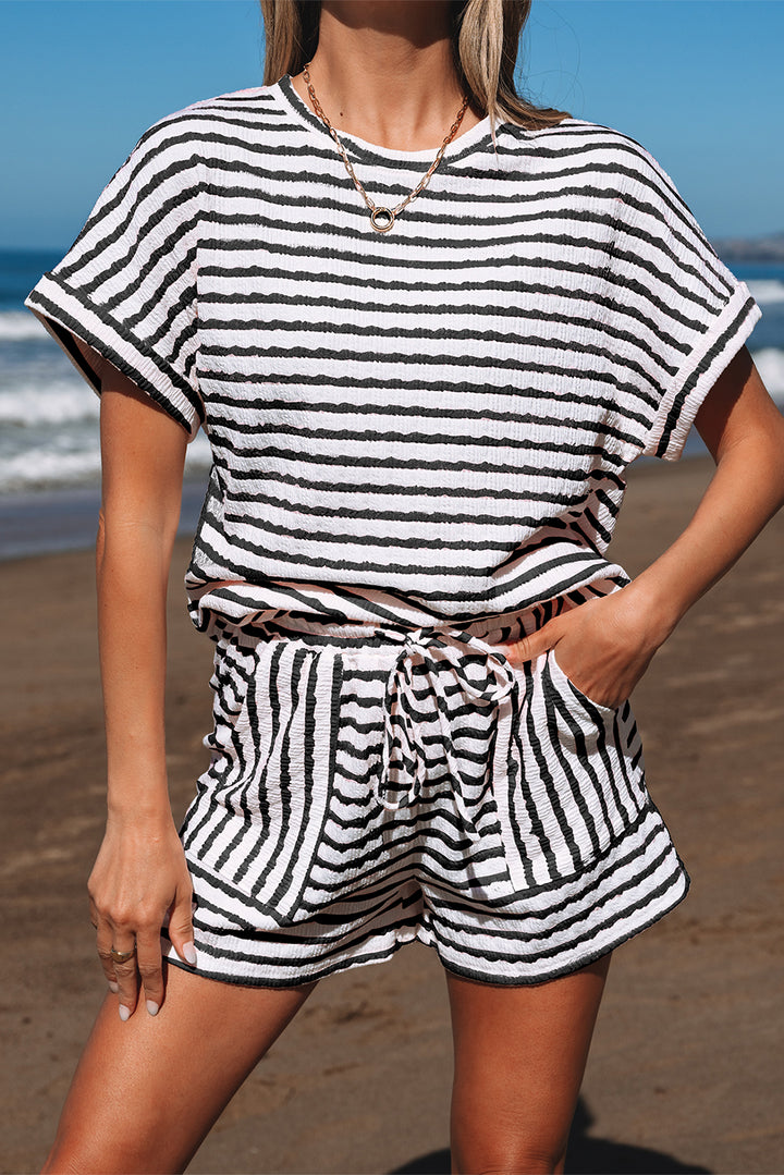 Stripe Knitted Short Sleeve Top and Drawstring Shorts Set
