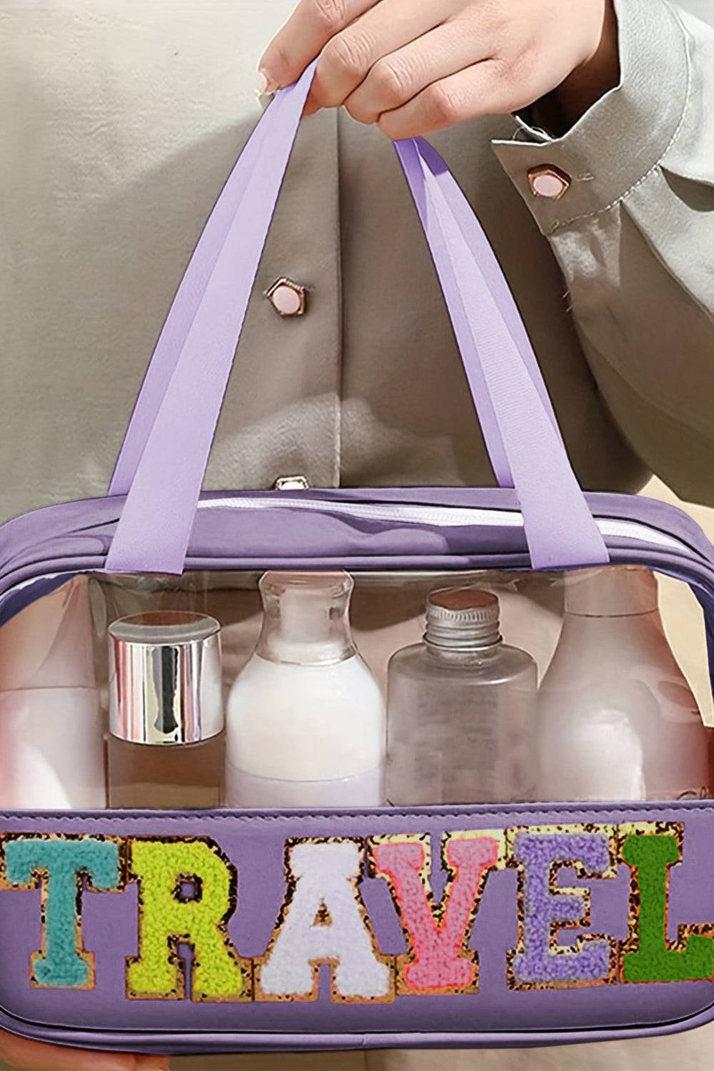 a person holding a travel bag with bottles inside of it