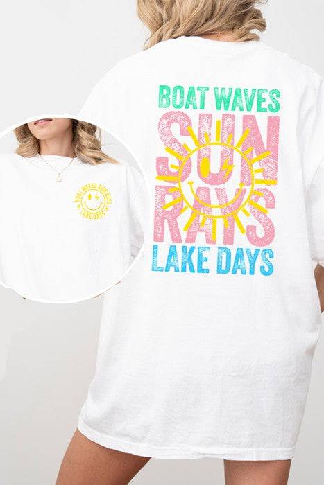 Boat Waves Lake Days Oversized Tee with colorful back graphic and smiley face front print, available at Faith & Co. Boutique.