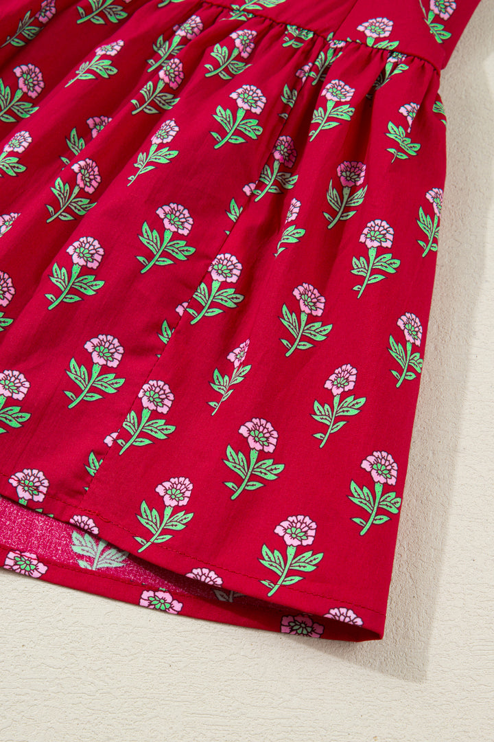 Red Floral Print Contrasted V Neck Short Bubble Sleeve Mini Dress