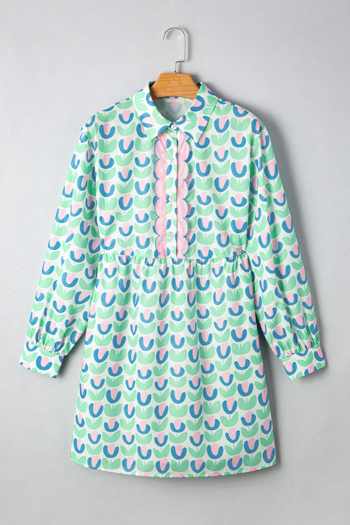 Green Floral Print Notched Neck Scalloped Detail Long Sleeve Mini Dress