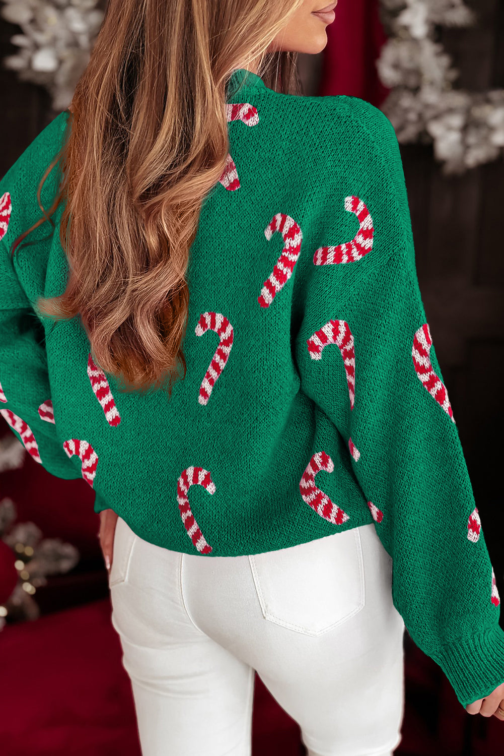 Christmas Candy Cane Holiday Drop Shoulder Sweater
