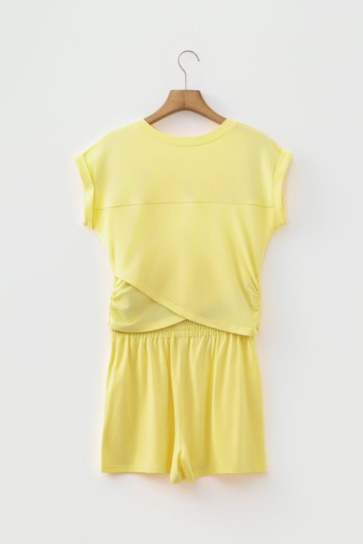 Solid Short Sleeve Elastic Waist Pocket Casual Two-Piece Short Set