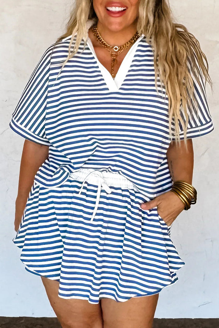 Blue Stripe Short Sleeve Collared V Neck Top Plus Size Skort Set