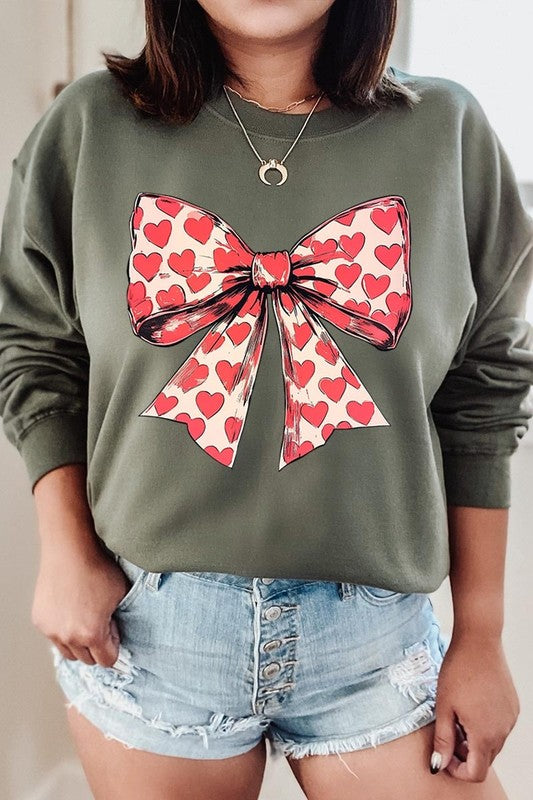 Heart Coquette Bow Graphic Fleece Sweatshirt