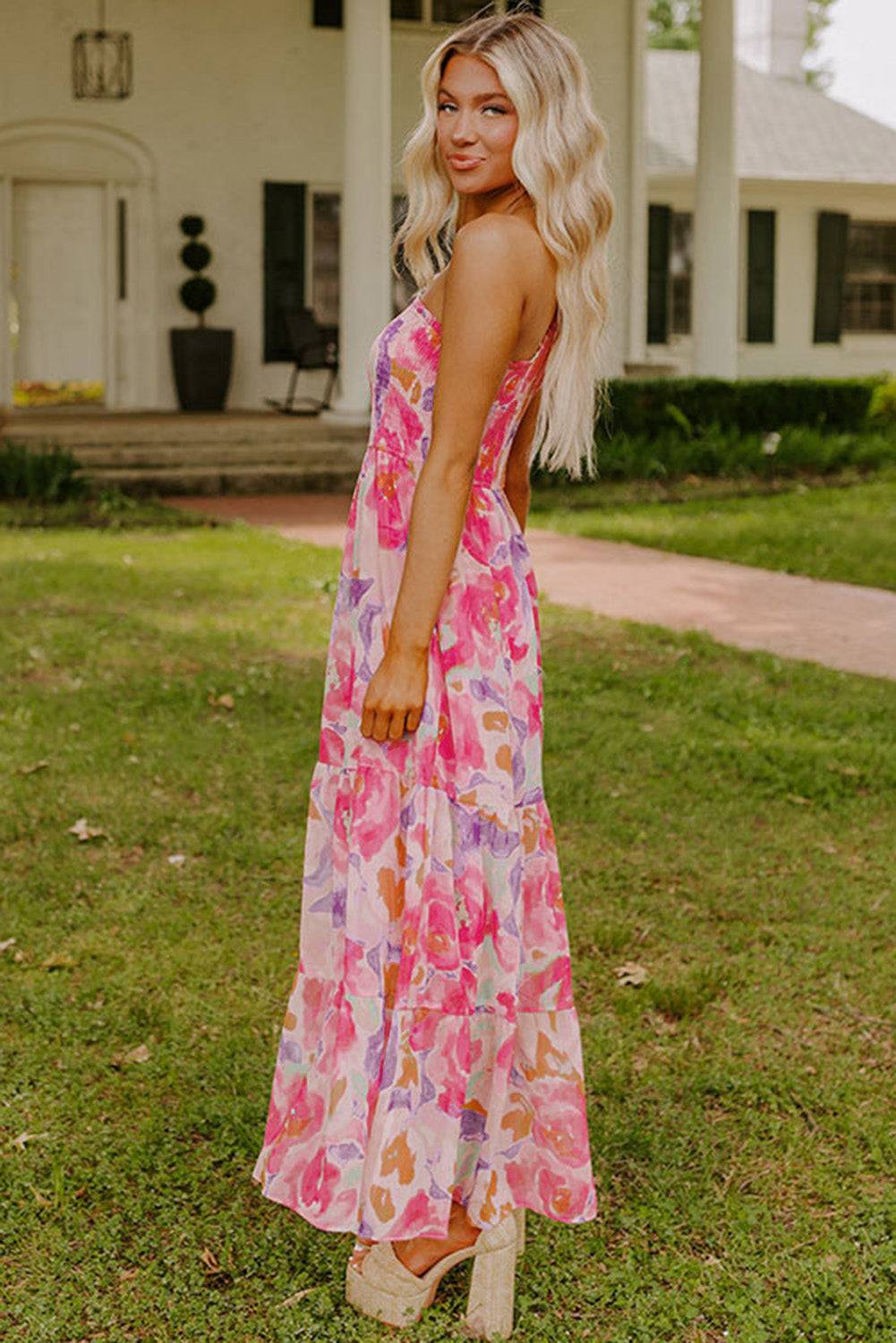 Side view of Pink Abstract Floral Print Shirred One Shoulder Maxi Dress, ideal for Easter, beach days, or casual chic events. Shop now at Faith & Co. Boutique.