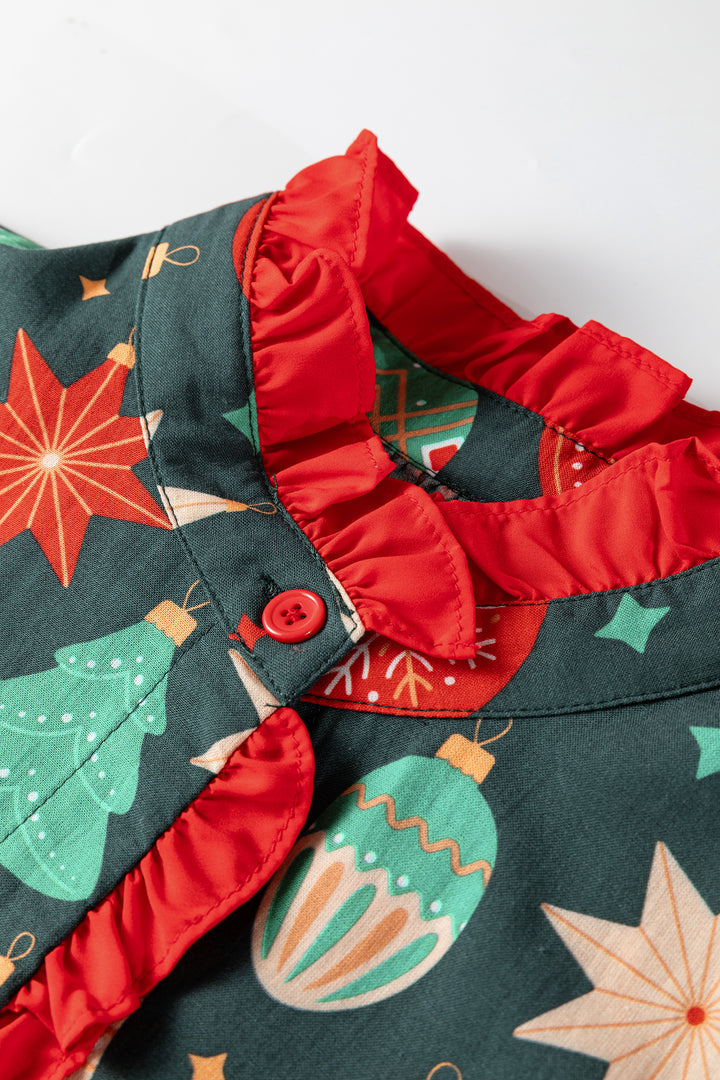 Green Christmas Fashion Print Contrast Trim Frilled Neck Short Sleeve Blouse