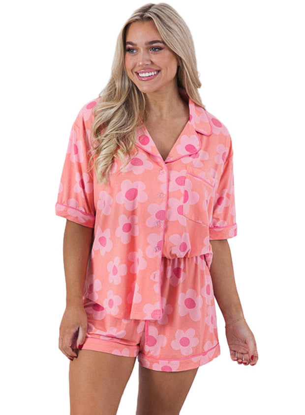 Pink Flower Print Buttoned Shirt and Drawstring Waist Pajama Set -