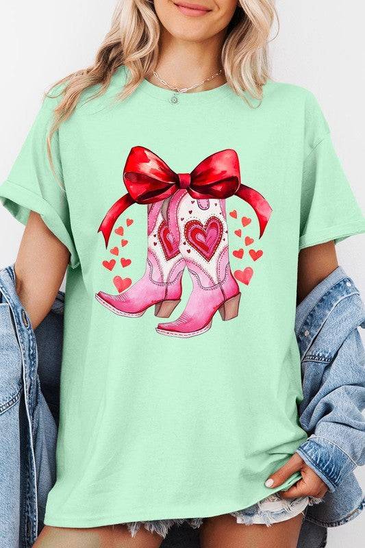 Mint green Valentine Cowgirl Boots Graphic Heavy Cotton Tee with pink boots and red hearts, shop cute tees at Faith & Co. Boutique.