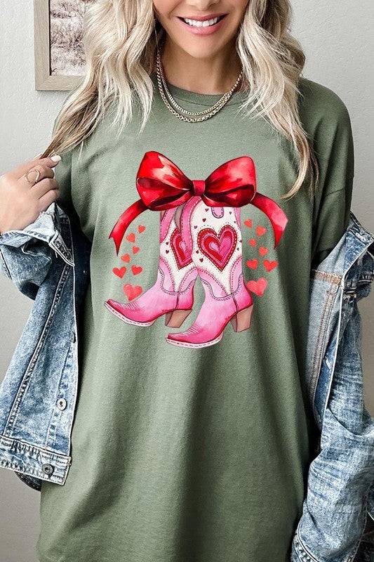Olive green Valentine Cowgirl Boots Graphic Heavy Cotton Tee with pink boots and red hearts, shop at Faith & Co. Boutique for unique style.