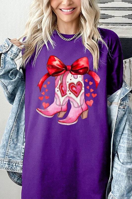 Purple Valentine Cowgirl Boots Graphic Heavy Cotton Tee with pink boots and red hearts, shop bold fashion at Faith & Co. Boutique.