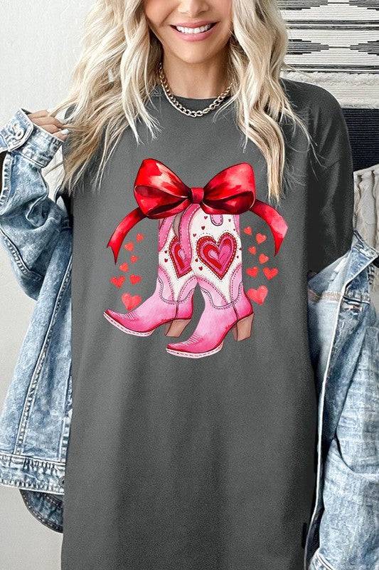 Charcoal gray Valentine Cowgirl Boots Graphic Heavy Cotton Tee with pink heart boots and red bow, shop now at Faith & Co. Boutique.