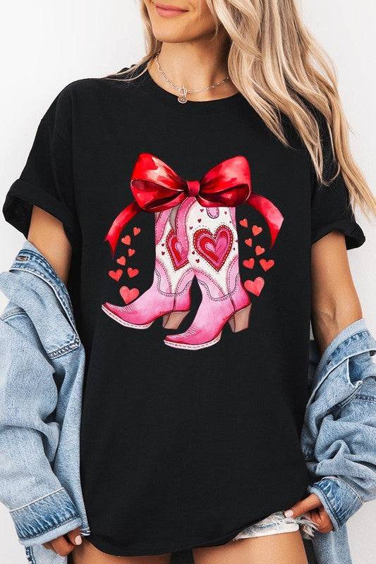 Black Valentine Cowgirl Boots Graphic Heavy Cotton Tee with pink boots and red bow, trendy tee from Faith & Co. Boutique.