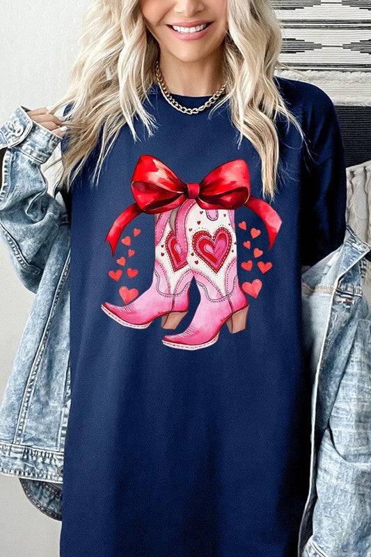 Navy blue Valentine Cowgirl Boots Graphic Heavy Cotton Tee with heart boots and red bow, stylish tee from Faith & Co. Boutique.