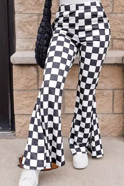 Black Checkerboard High Rise Casual Flared Pants