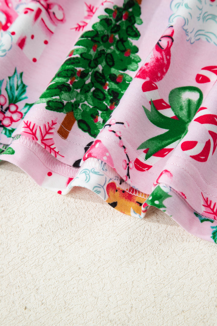 Pink Christmas Pattern Button V Neck Pullover Drawstring Pants 2pcs Lounge Set