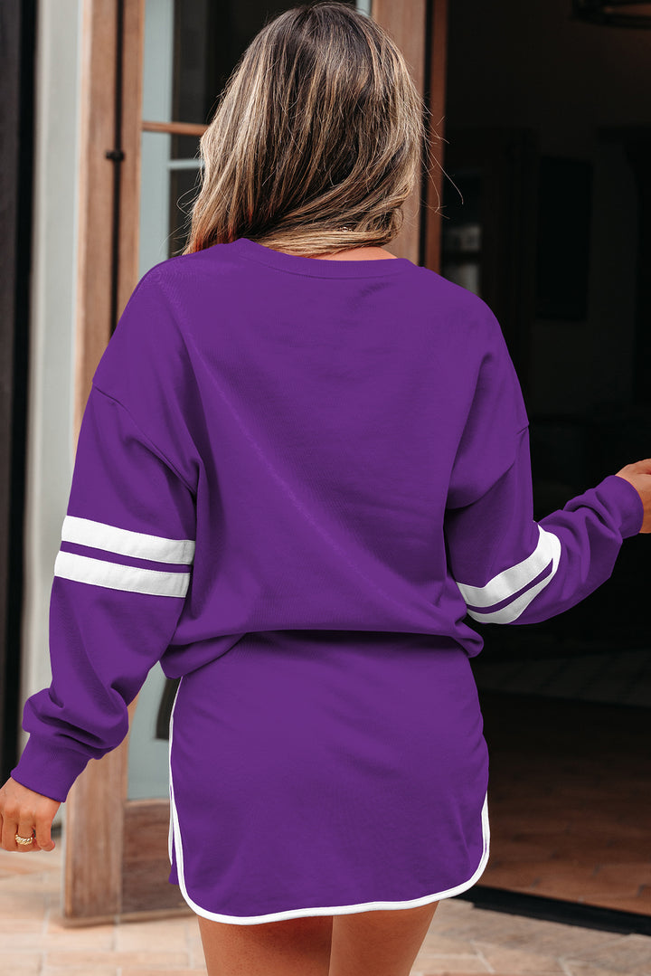 Varsity Stripe Detail Drop Shoulder Pullover Mini Skirt Set