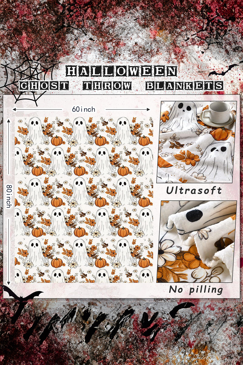 Orange Halloween Ghost Pumpkin Flower Throw Blanket