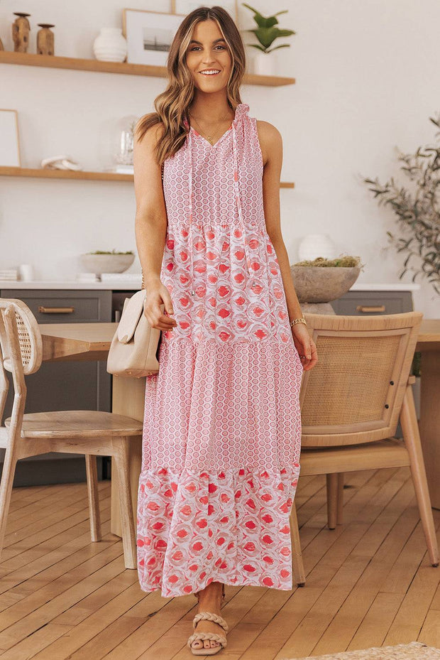Pink Abstract Print Patchwork Sleeveless V Neck Tiered Dress -