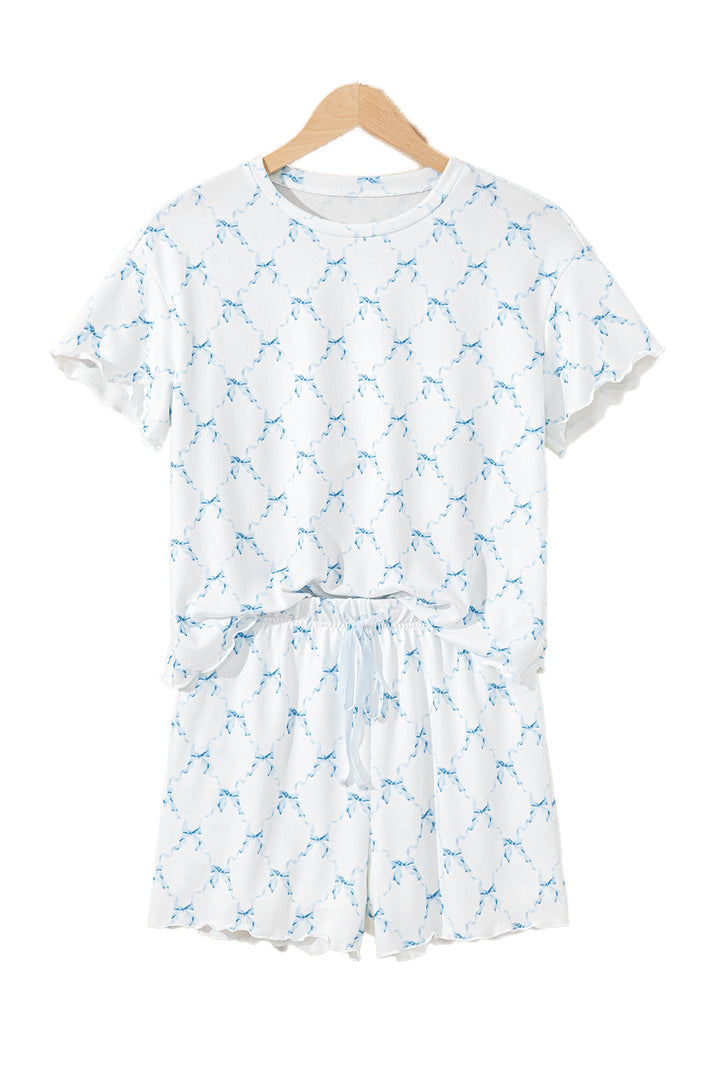 Sky Blue Bow Knot Geometric Print Lettuce Trim Two Piece Lounge Set