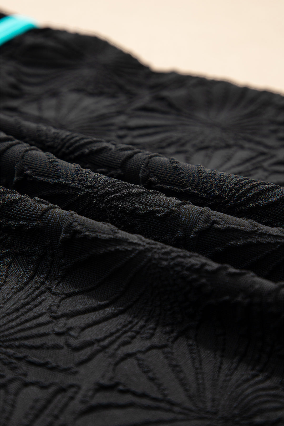 Black Floral Textured Neon Trim V Neck Crisscross Backless Tankini Set