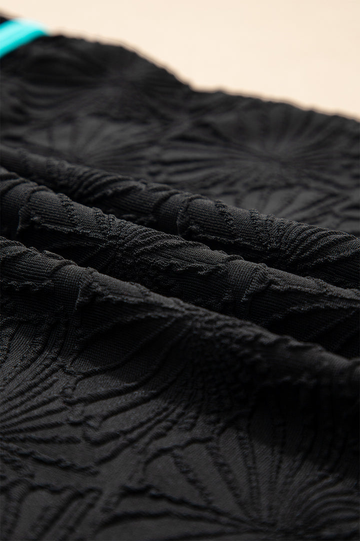 Black Floral Textured Neon Trim V Neck Crisscross Backless Tankini Set