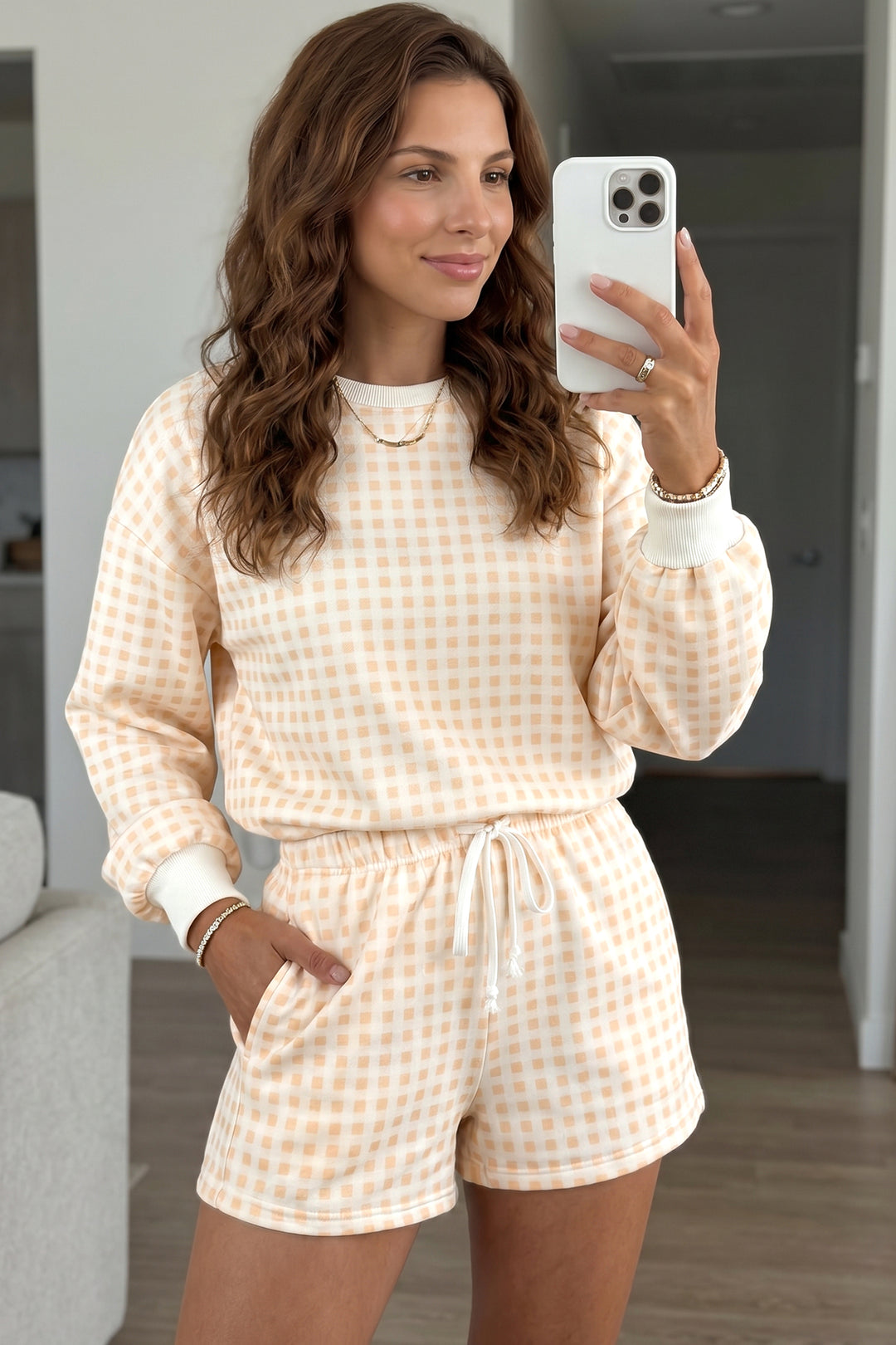 Plaid Baggy Pullover Drawstring Casual Shorts 2pcs Outfit