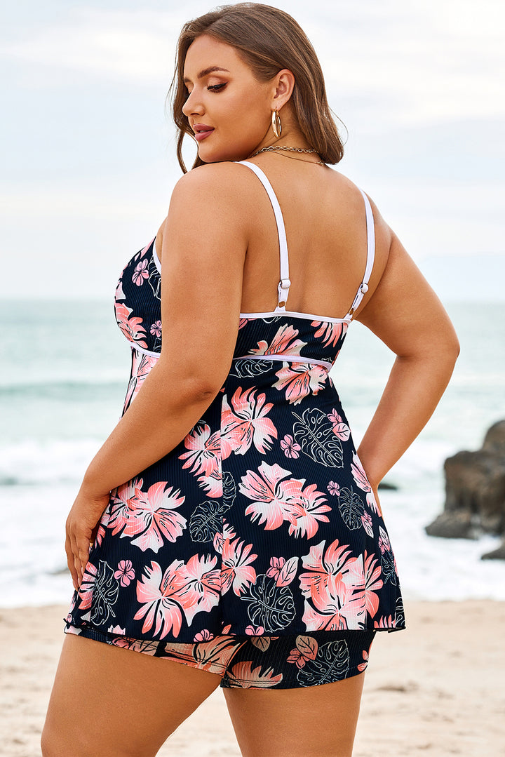 Plus Size Ribbed Contrast Trim Adjustable Straps 2pcs Swimsuit