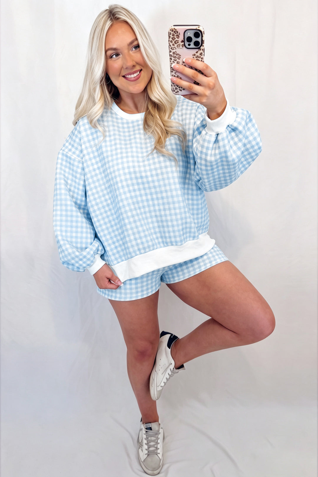 Plaid Baggy Pullover Drawstring Casual Shorts 2pcs Outfit