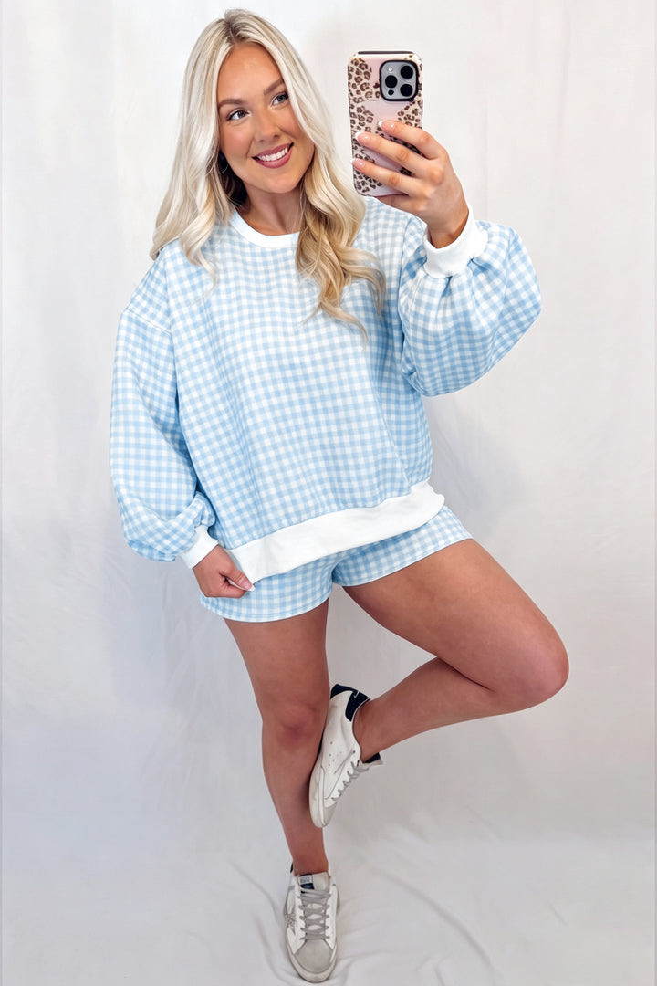 Plaid Baggy Pullover Drawstring Casual Shorts 2pcs Outfit
