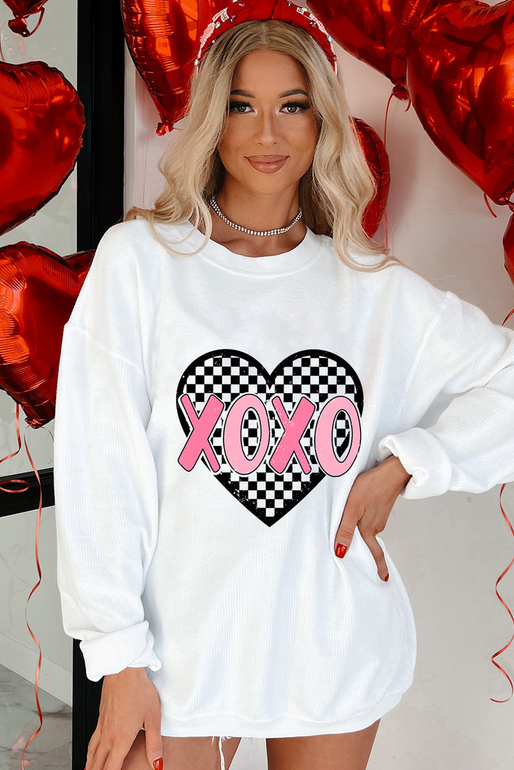 White XOXO Checkered Heart Graphic Round Neck Sweatshirt