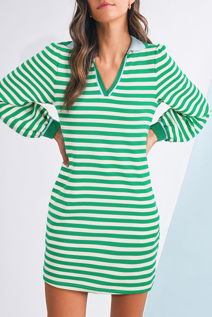 Green Striped Contrast Collar Split Neck Long Sleeve Mini Dress