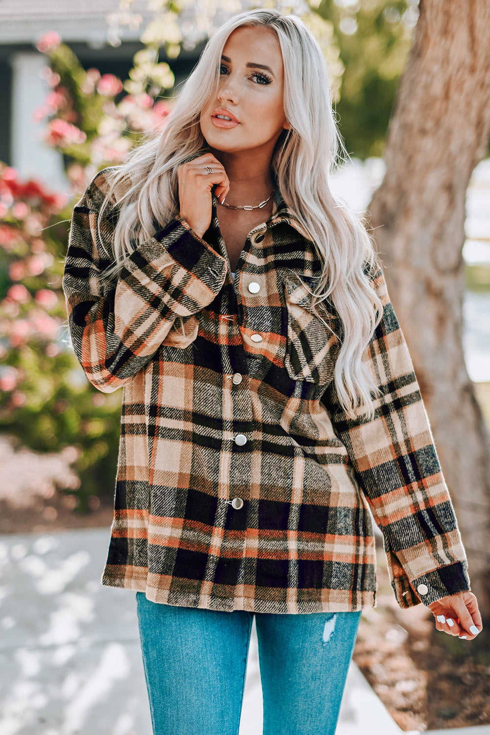 Geometric Plaid Print Pocketed Shacket -