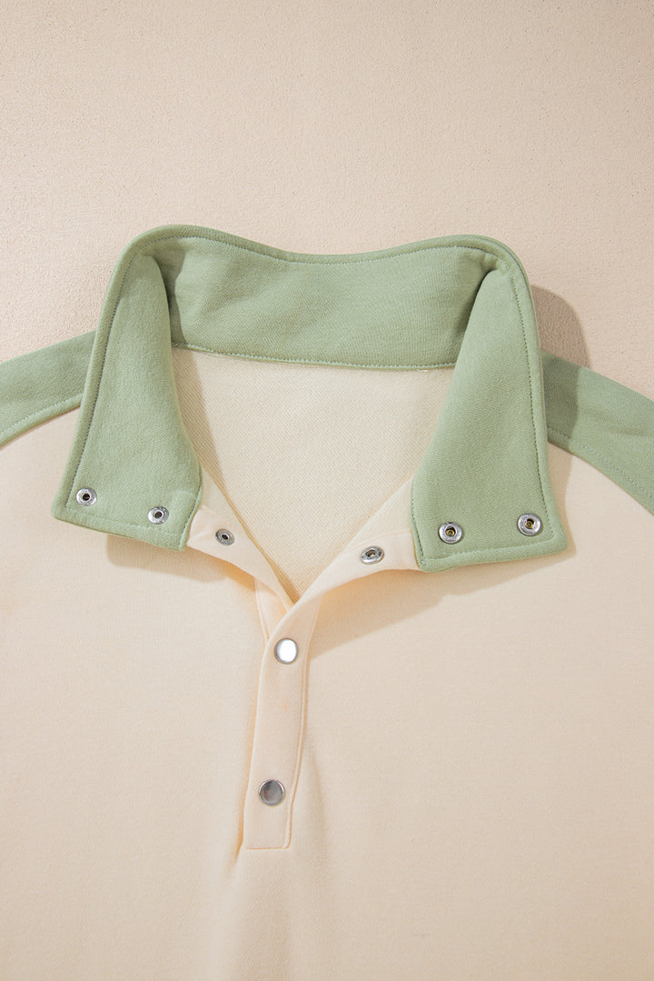 Laurel Green Colorblock Patchwork Buttoned Collar Kangaroo Pocket Sweatshirt