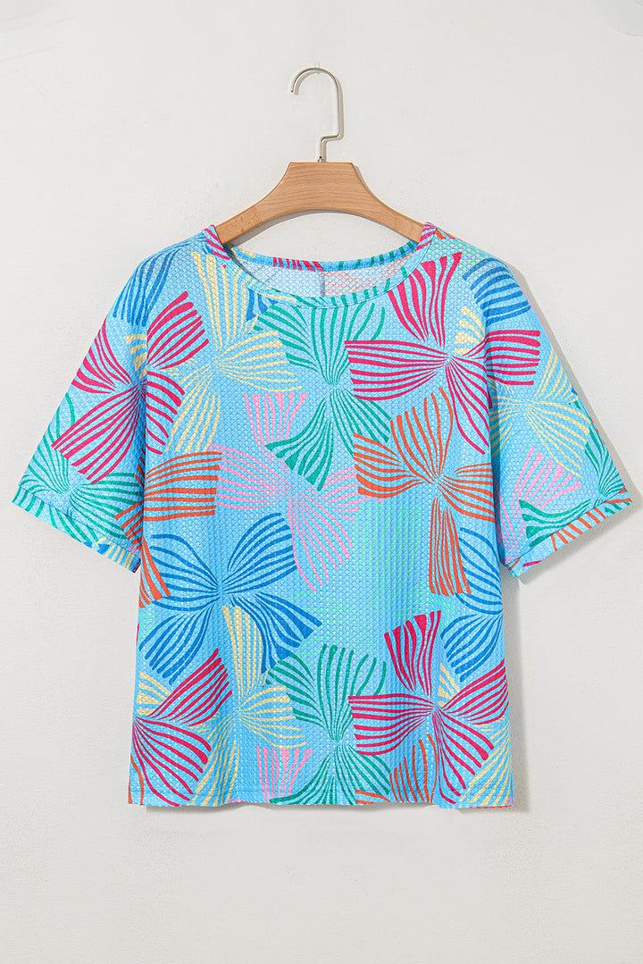 Bowknot Printed Waffle Crewneck Loose Short Sleeve Top