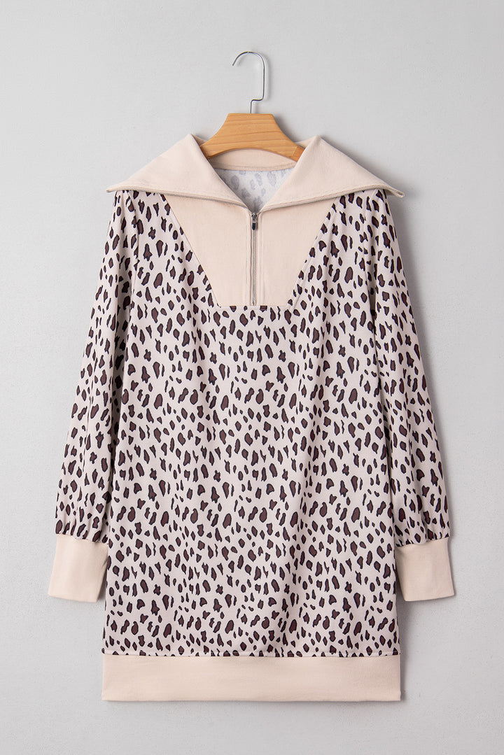 Khaki Leopard Print Zip up Collar Patchwork Shift Mini Dress