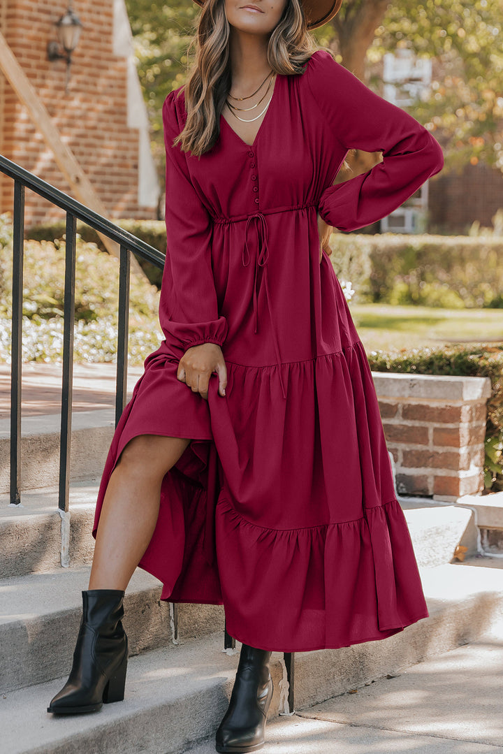 Solid color Long Sleeve Button V Neck Tiered Maxi Dress