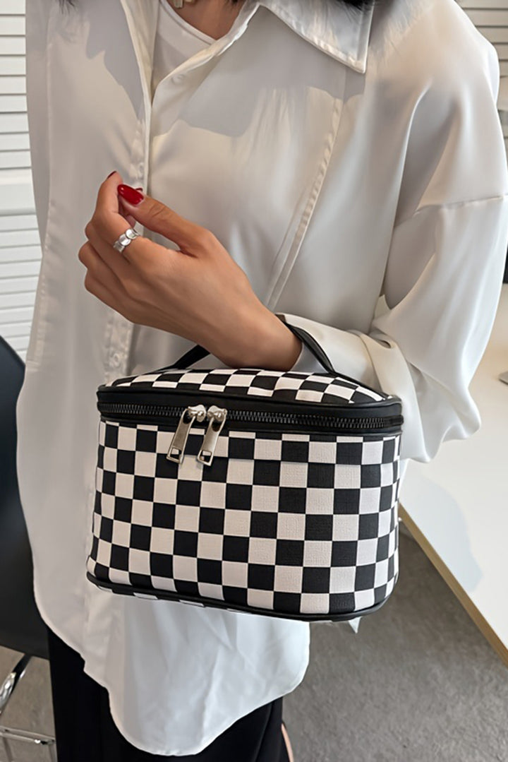 Black Checkered Zipper Large Cosmetic Bag with Handle