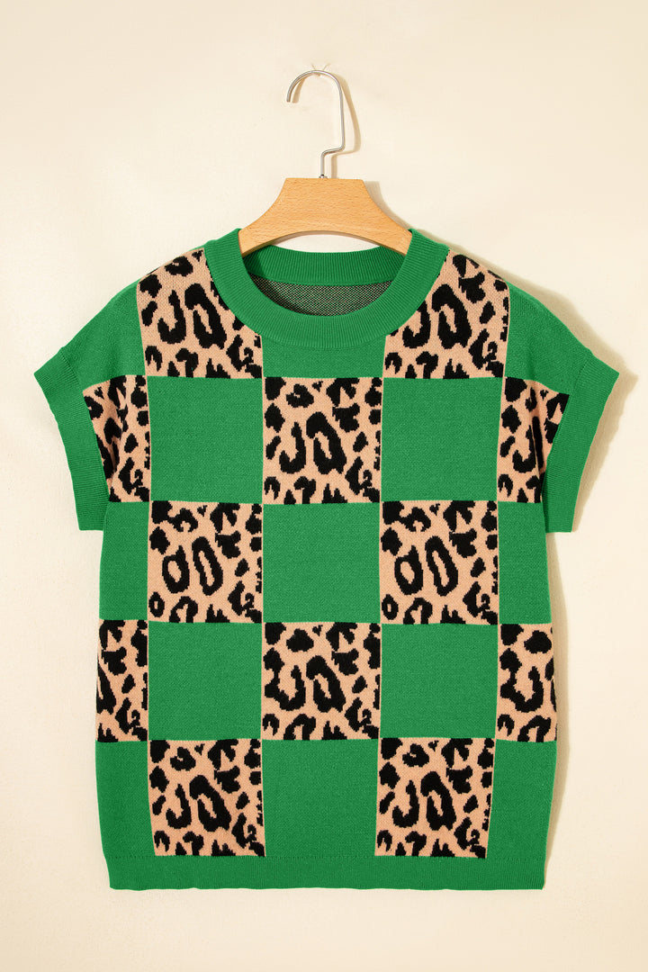 Green Leopard Checkerboard Short Sleeve Knit Sweater