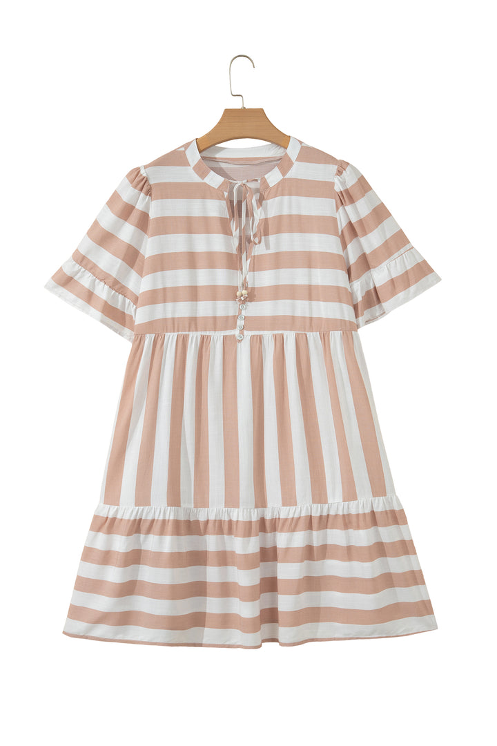 Khaki Stripe Tie V Neck Ruffle Trim Short Sleeve Flared Summer Dress