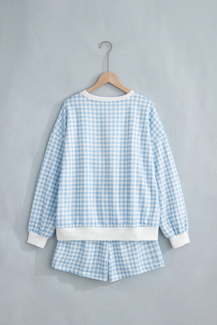 Plaid Baggy Pullover Drawstring Casual Shorts 2pcs Outfit
