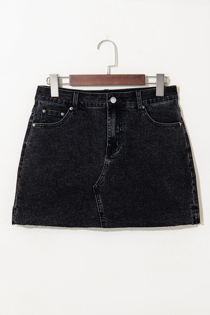 Carbon Grey Mineral Wash Ripped Raw Hem Denim Mini Skirt