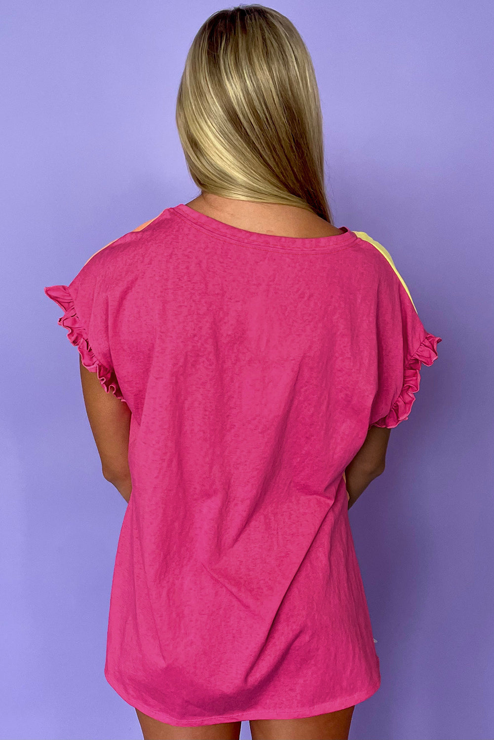 Rose Red Color Block Ruffled Crew Neck Loose Fit T Shirt
