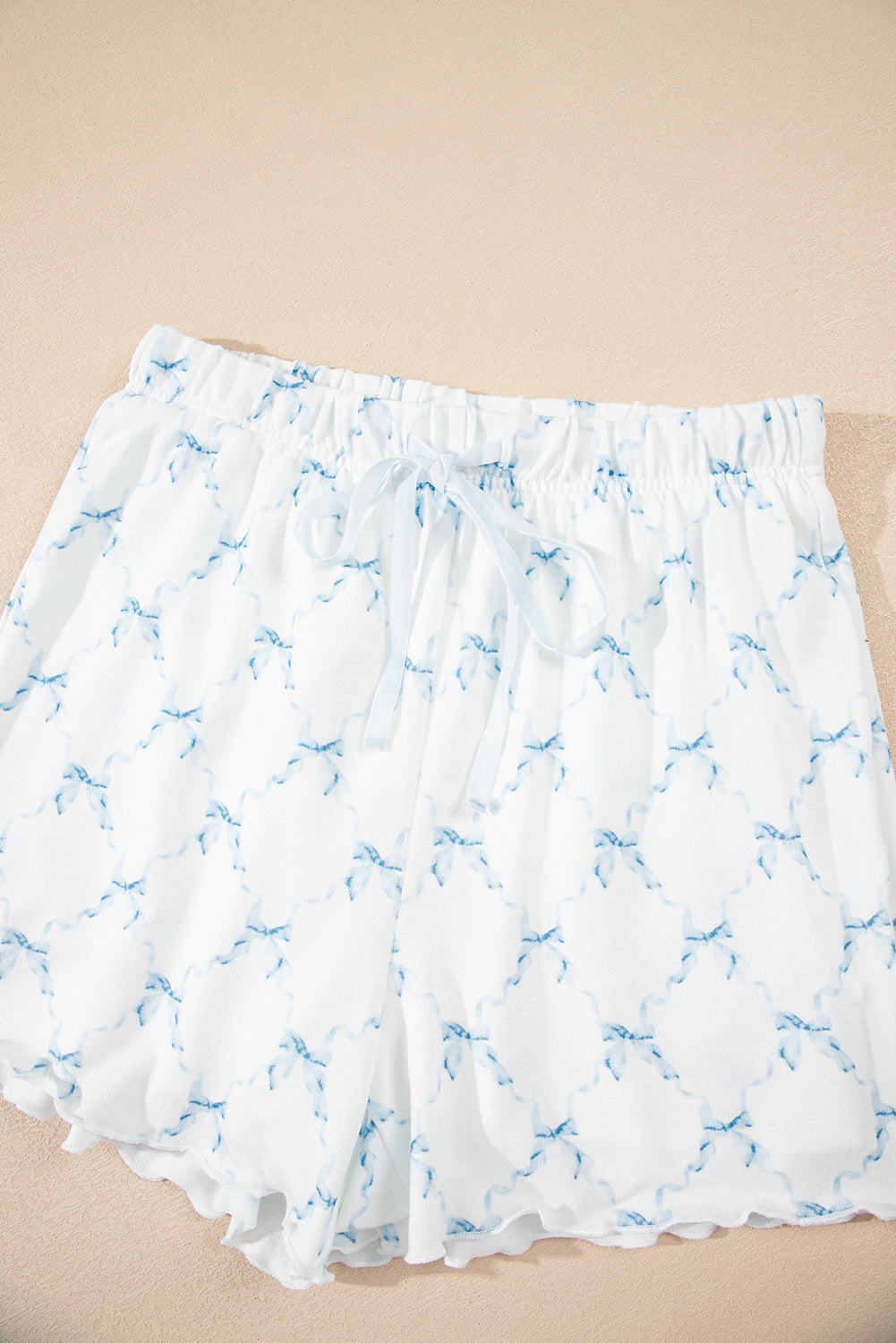 Sky Blue Bow Knot Geometric Print Lettuce Trim Two Piece Lounge Set