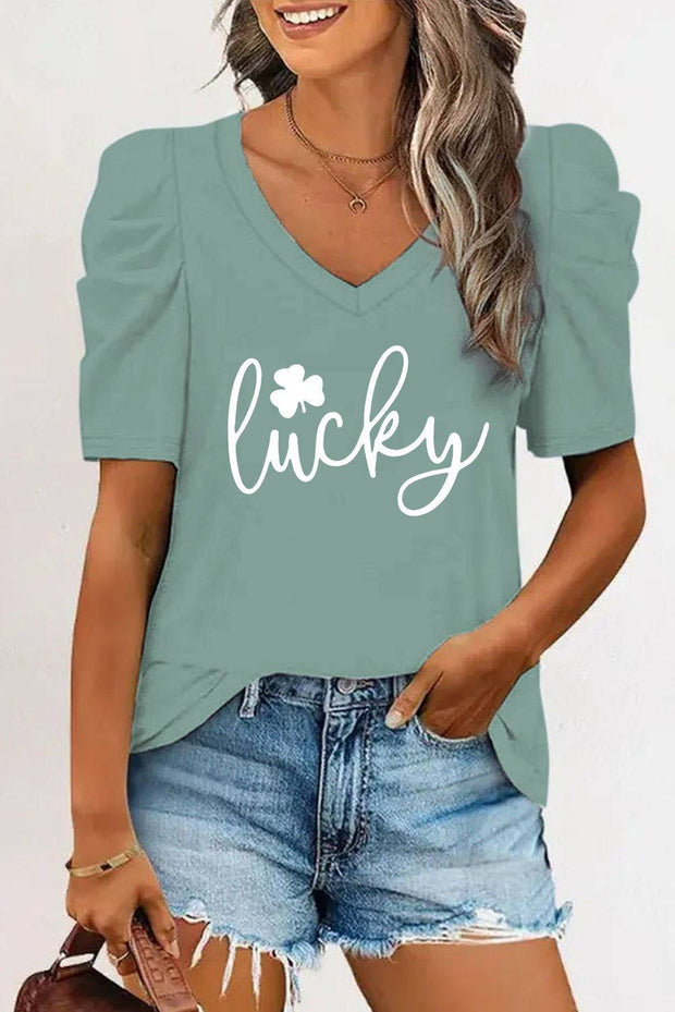 Green Lucky Clover Graphic Puff Sleeve V Neck Tee - Green / 2XL